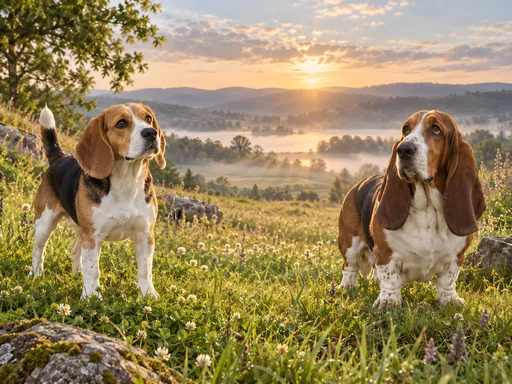 Beagle and Basset in a Meadow — Pets wallpaper