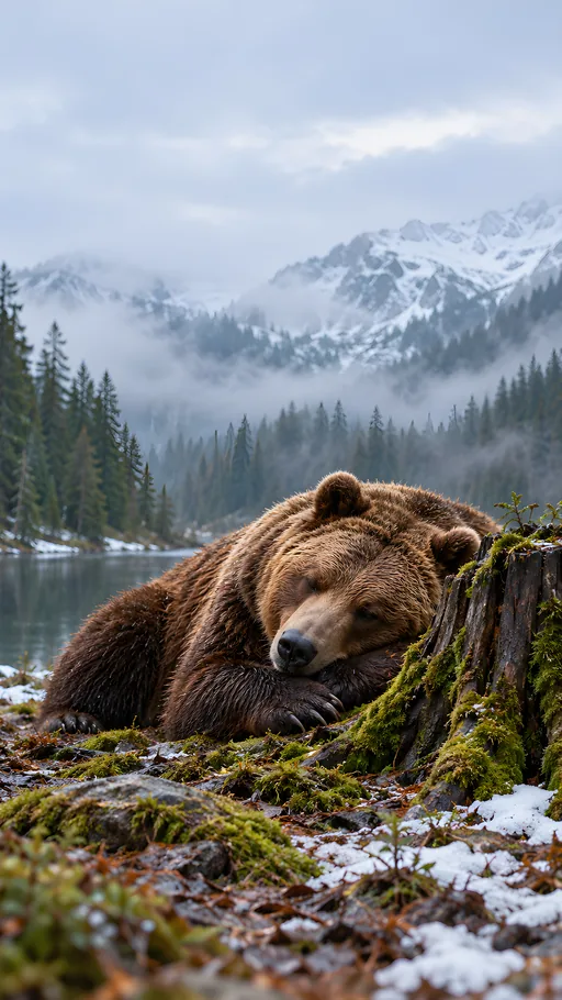 Brown Bear Napping by a Stump — Animals & Wildlife wallpaper