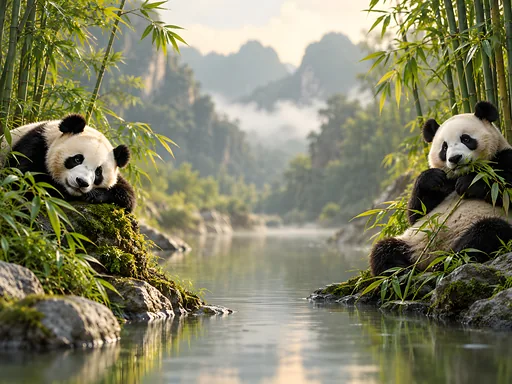 Two Pandas in the Bamboo — Animals & Wildlife wallpaper
