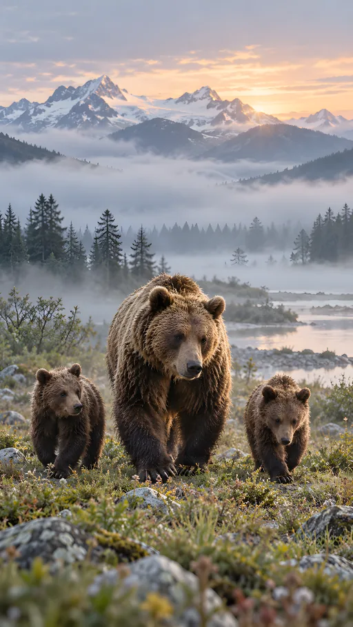 Brown Bear and Cubs at Dawn — Animals & Wildlife wallpaper