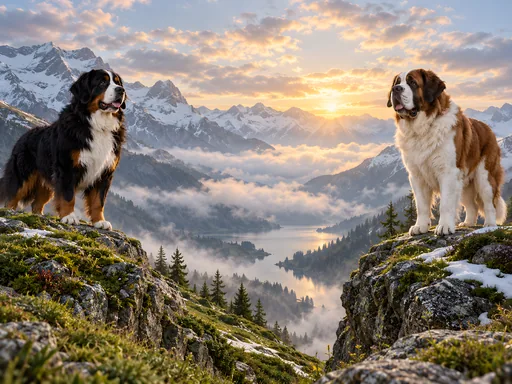 Bernese and Saint Bernard on the Ridge — Pets wallpaper