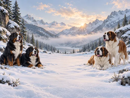 Alpine Dogs in a Snowy Meadow — Pets wallpaper