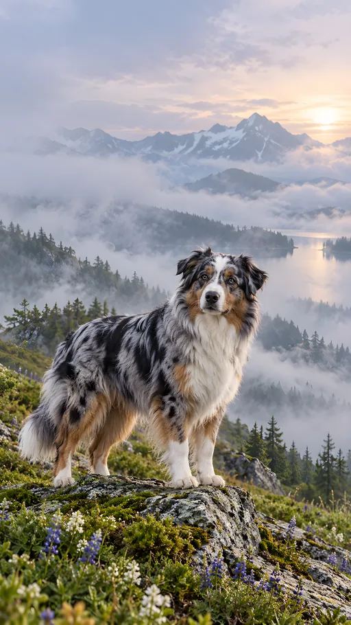 Blue Merle Aussie in Mountain Fog — Pets wallpaper
