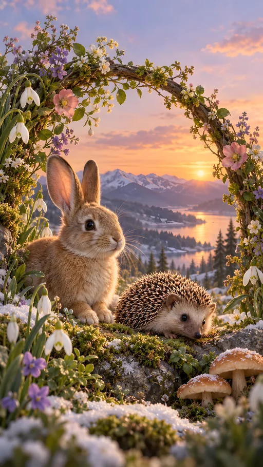 Rabbit and Hedgehog Under Wildflowers — Animals & Wildlife wallpaper