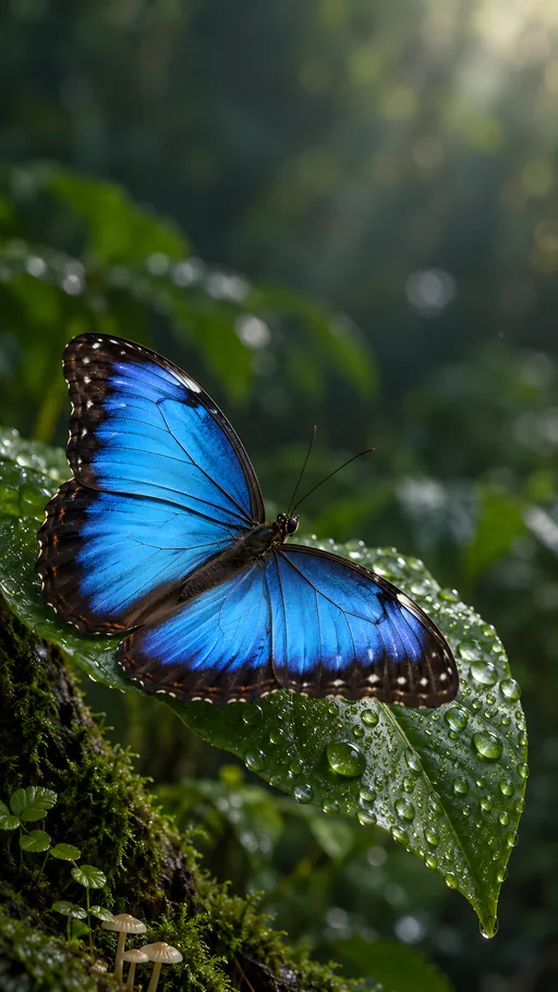 Blue Morpho on a Rainy Leaf — Animals & Wildlife wallpaper