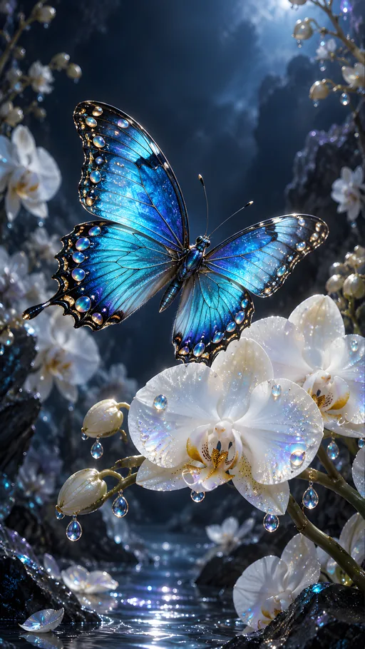 Blue Butterfly Among Orchids — Animals & Wildlife wallpaper
