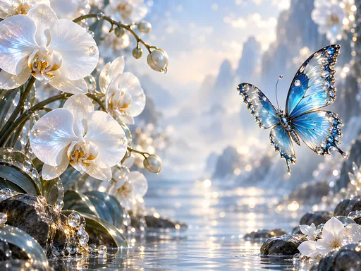Blue Butterfly Among Orchids — Animals & Wildlife wallpaper