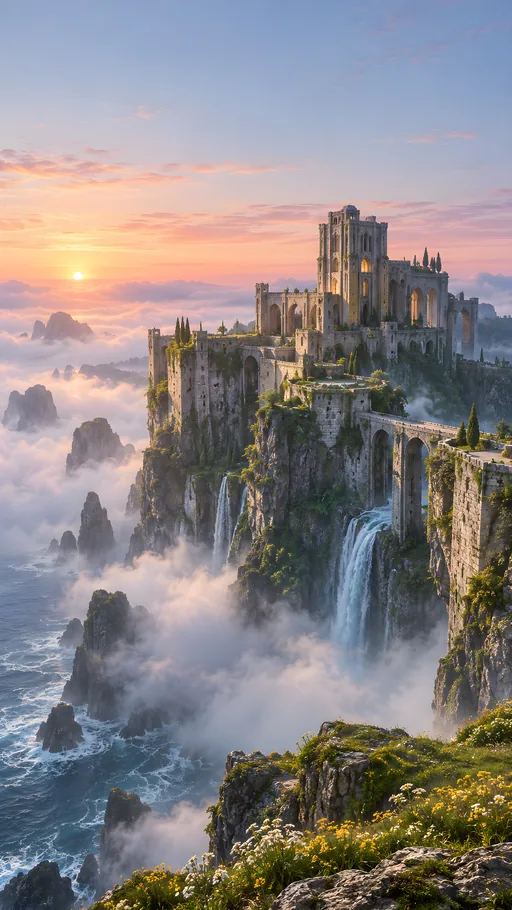 Cliff Fortress in Ocean Mist — Fantasy wallpaper