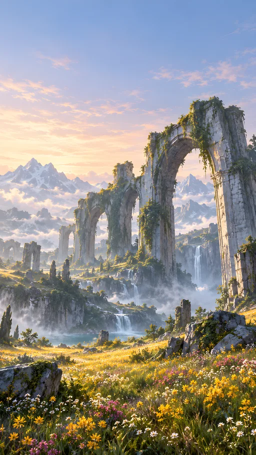 Ancient Arches in a Flower Meadow — Fantasy wallpaper