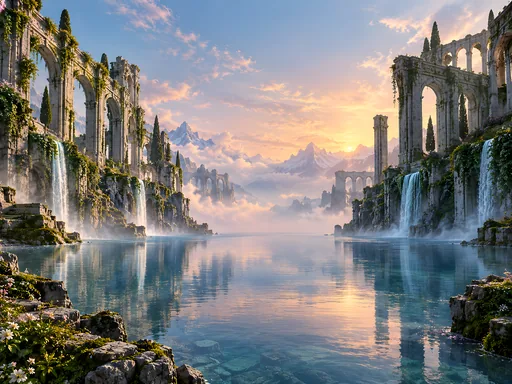Ruined Colonnades and Reflecting Pool — Fantasy wallpaper