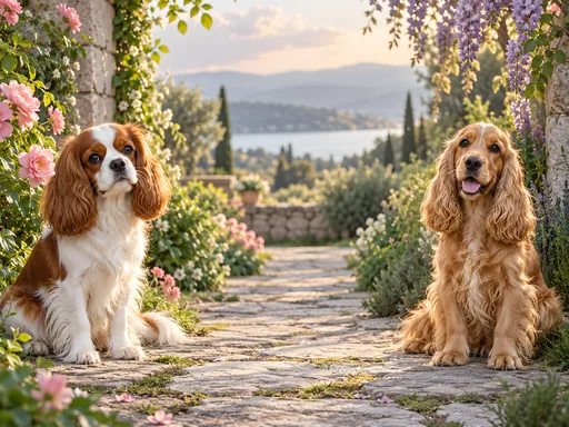 Cavalier and Cocker in the Garden — Pets wallpaper