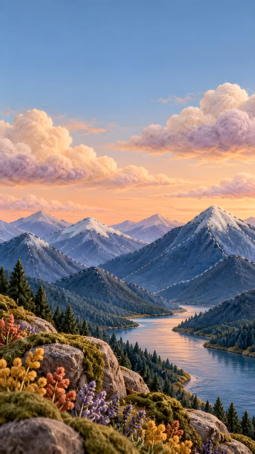 Felt Clouds Over Stitched Mountains — Art & Illustration wallpaper