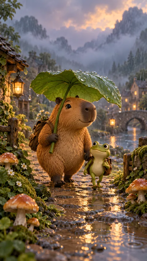 Capybara and Frog in the Rain — Animals & Wildlife wallpaper