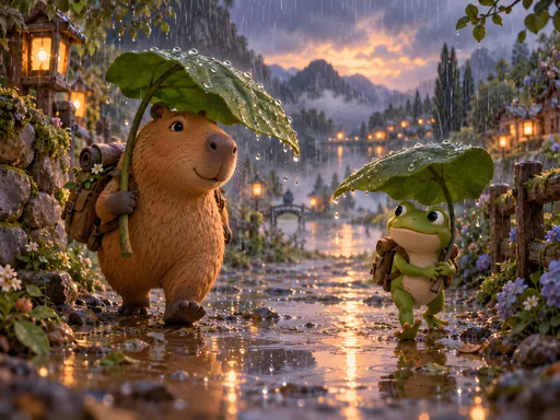 Capybara and Frog in the Rain — Animals & Wildlife wallpaper