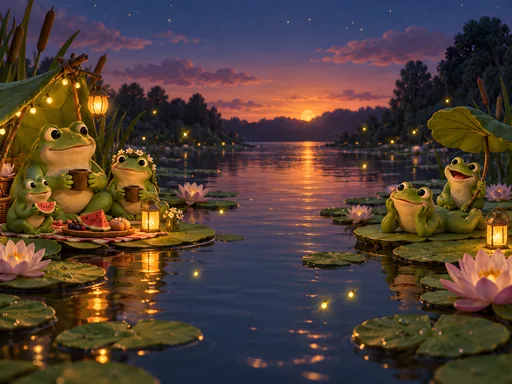 Frog Picnic on Lily Pads — Animals & Wildlife wallpaper