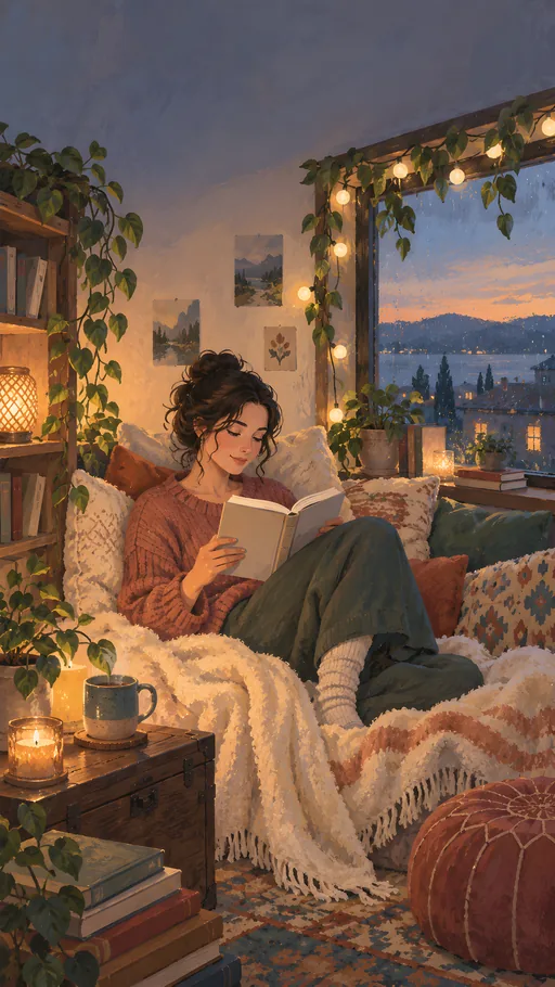 Reading Nook Under String Lights — People & Portraits wallpaper