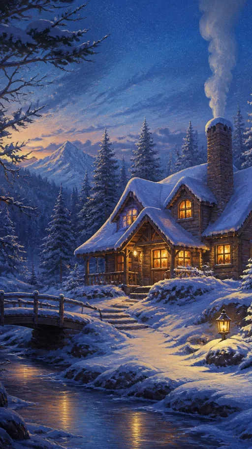 Small Snow-covered Cabin Glowing — Fantasy wallpaper