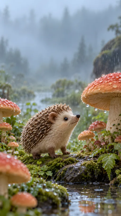 Felt Hedgehog in a Mushroom Garden — Animals & Wildlife wallpaper