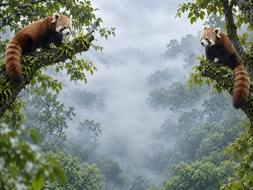 Red Pandas in a Misty Canopy — Animals & Wildlife wallpaper