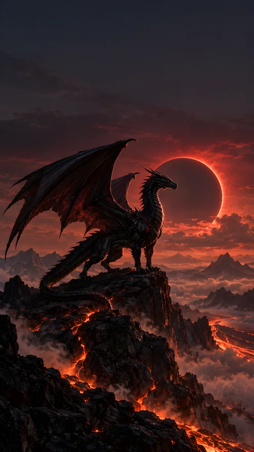 Obsidian Dragon Under a Red Eclipse — Fantasy wallpaper