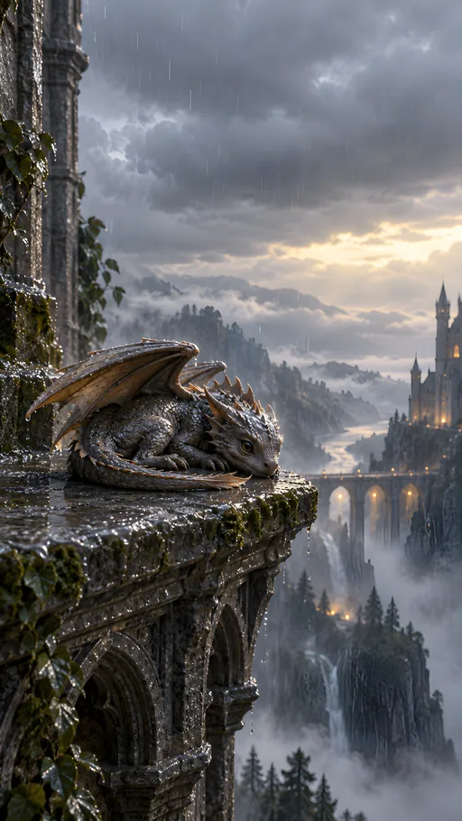 Tiny Stone Gargoyle in the Rain — Fantasy wallpaper