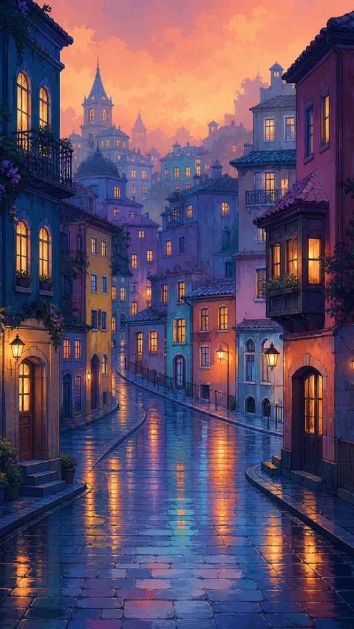 Dreamy Illustrated City Street After Rain — Cities & Architecture wallpaper