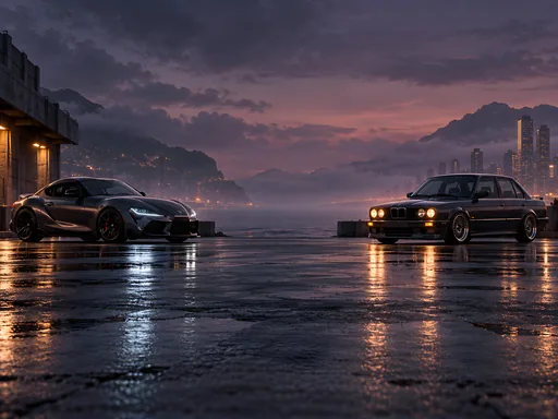 Coupe and Sedan on Damp Concrete — Cars & Vehicles Galaxy Fold wallpaper