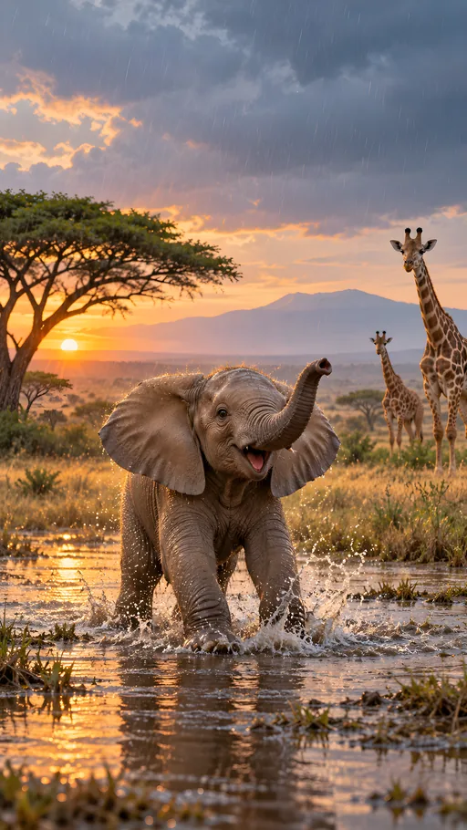 Elephant Calf in Summer Rain — Animals & Wildlife wallpaper