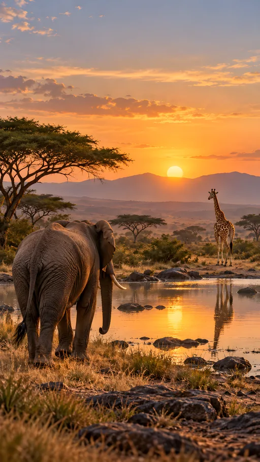 Elephant and Giraffe at the Waterhole — Animals & Wildlife wallpaper