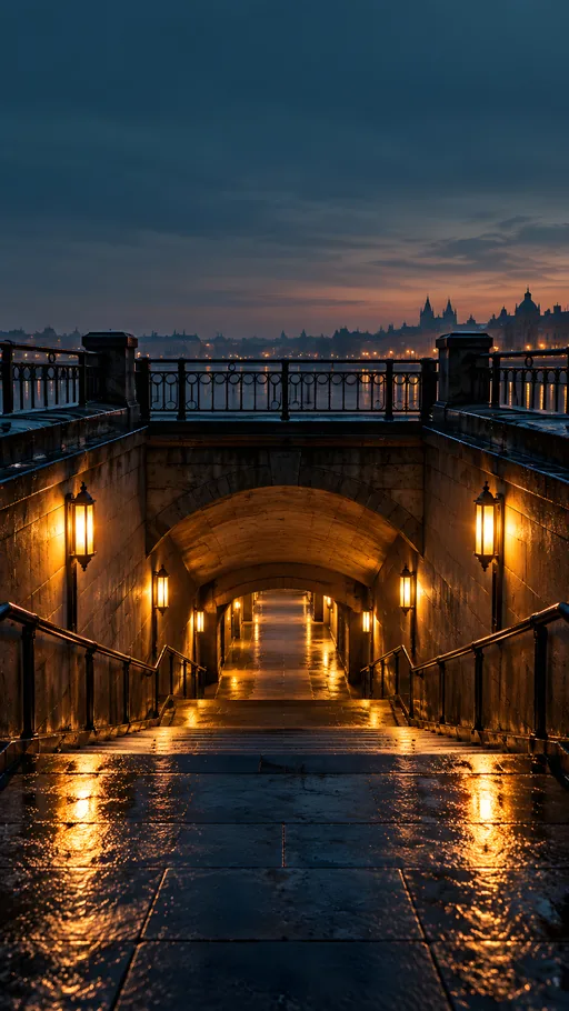 Lamplit Stairwell in the Rain — Cities & Architecture wallpaper