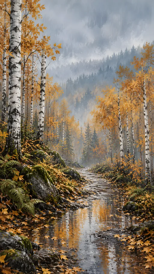 Autumn Birch Forest in Rain — Nature & Landscapes wallpaper