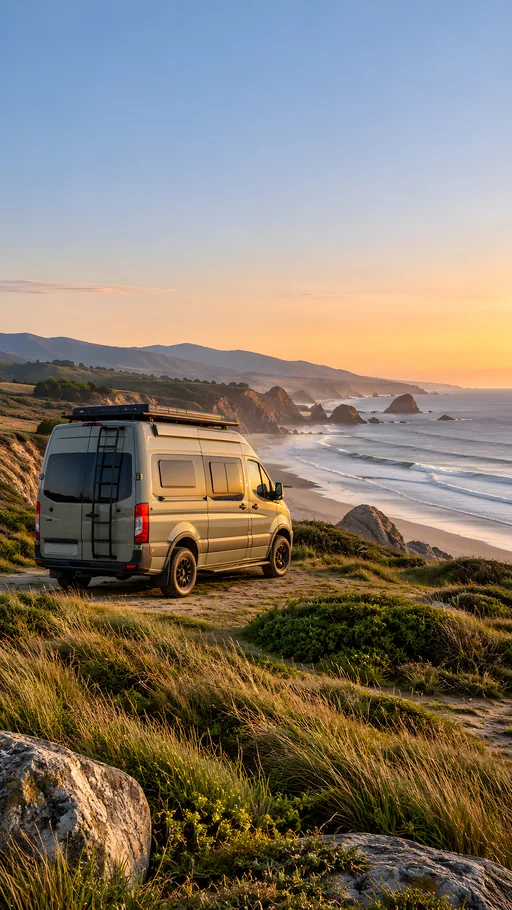 Compact Camper on the Grass Bluff — Cars & Vehicles phone wallpaper