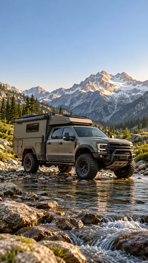 Camper Truck at the Alpine Ford — Cars & Vehicles phone wallpaper