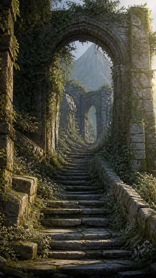 Overgrown Stone Stairway Climbing — Fantasy wallpaper