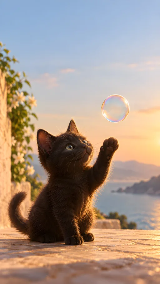 Black Kitten and a Soap Bubble — Pets wallpaper