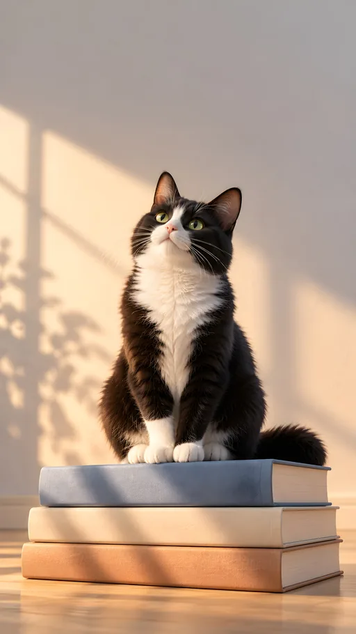 Tuxedo Cat on a Book Stack — Pets wallpaper