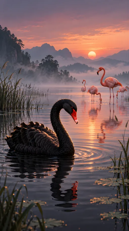 Black Swan on Plum Noir Water — Animals & Wildlife wallpaper