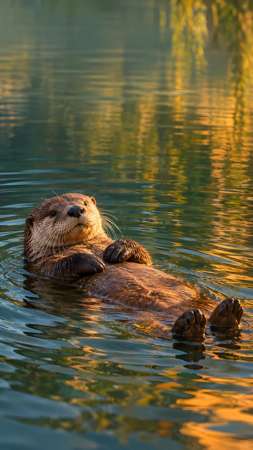 Otter Floating Under Willows — Animals & Wildlife wallpaper