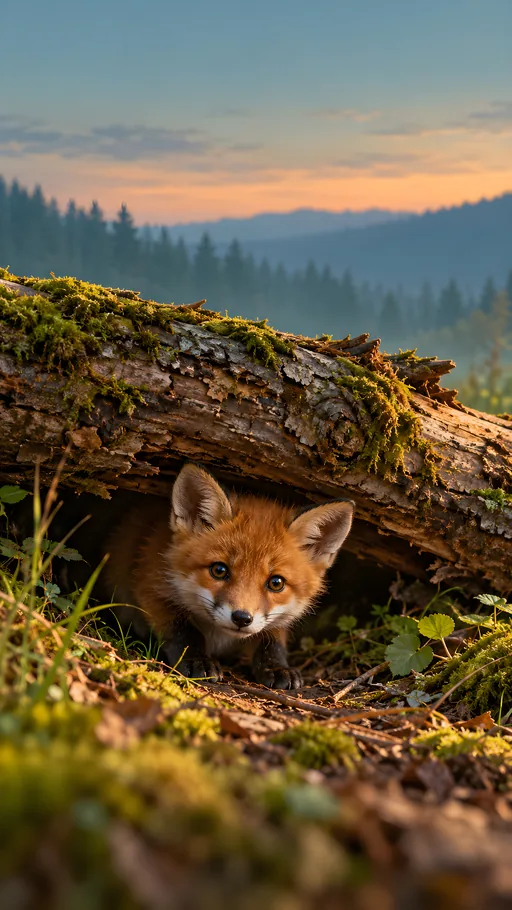 Fox Kit Under a Fallen Log — Animals & Wildlife wallpaper