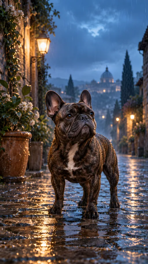 Brindle Frenchie in Blue Rain — Pets wallpaper