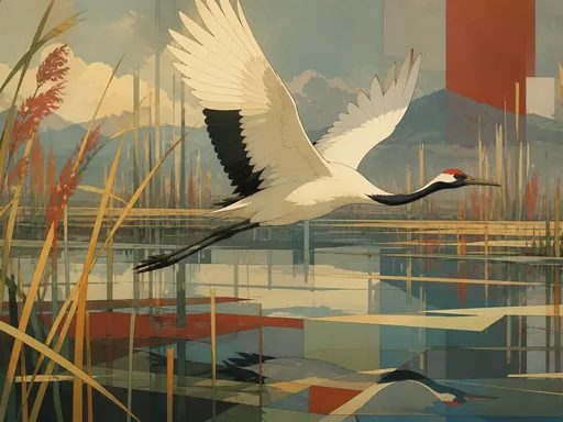 Graceful Crane Crossing A Geometric Wetland — Animals & Wildlife Galaxy Fold wallpaper