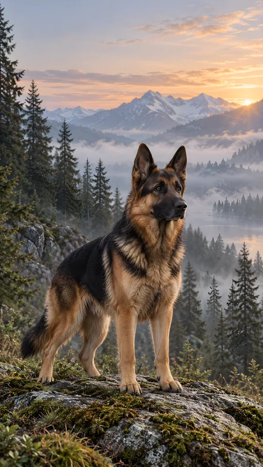 German Shepherd in Misty Pines — Pets wallpaper