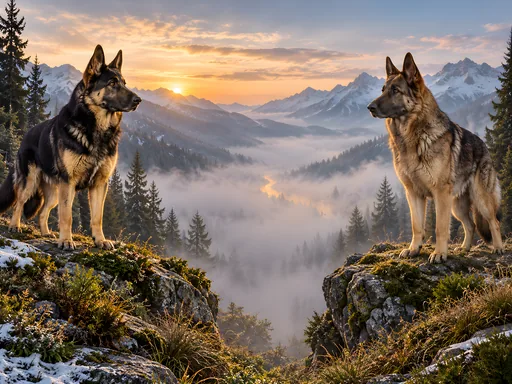 Shepherds in a Foggy Forest — Pets wallpaper