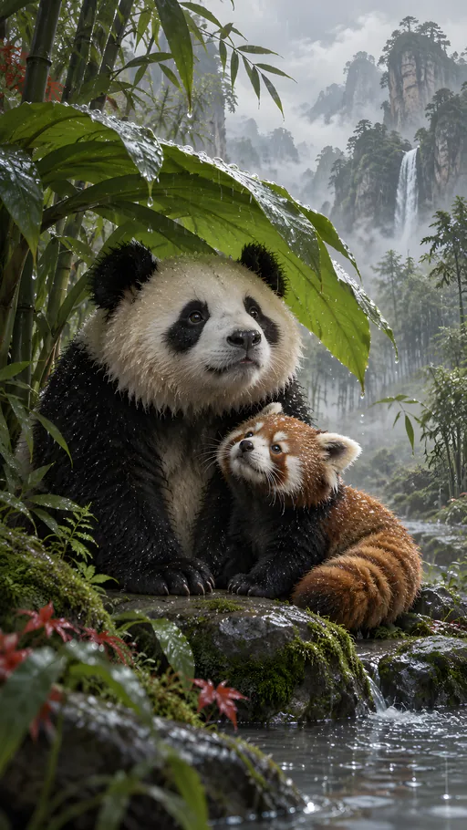 Young Panda in Warm Rain — Animals & Wildlife wallpaper