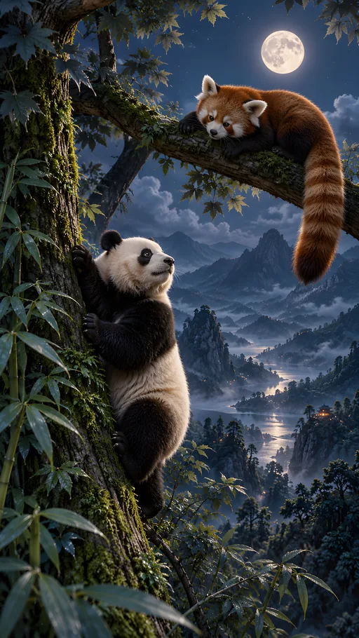 Red Pandas in a Moonlit Canopy — Animals & Wildlife wallpaper