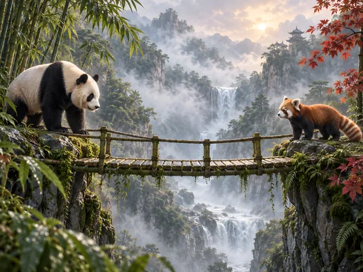 Pandas on a Bamboo Footbridge — Animals & Wildlife wallpaper