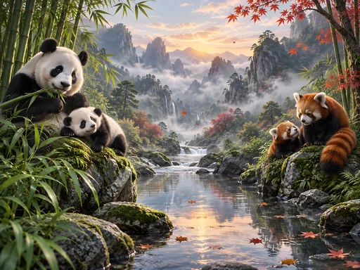 Panda Family in a Bamboo Valley — Animals & Wildlife wallpaper