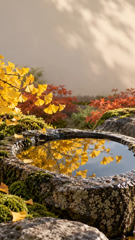 Stone Basin with Ginkgo Reflections — Nature & Landscapes wallpaper