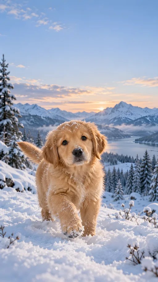 Golden Puppy in First Snow — Pets wallpaper