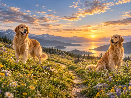 Goldens in a Flower Meadow — Pets wallpaper